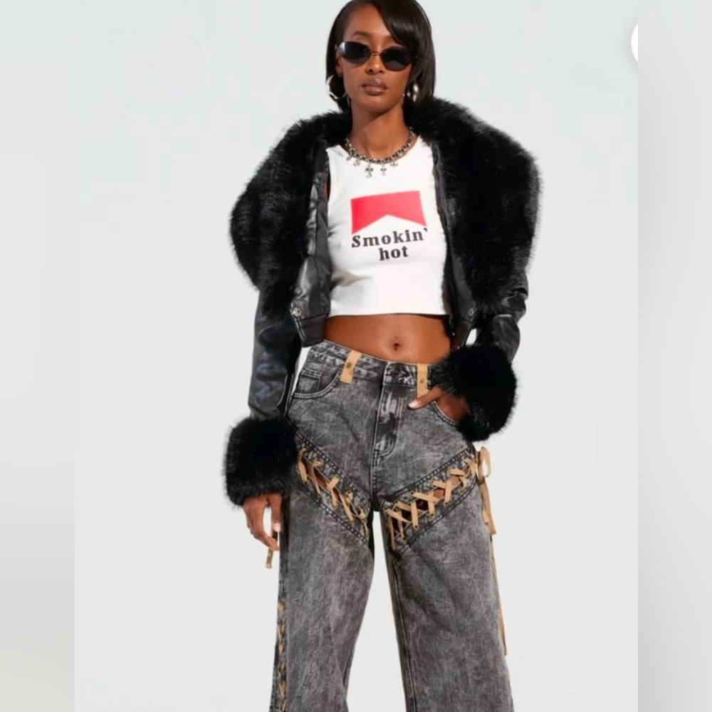 AKIRA Black faux leather with faux fur cropped moto jacket